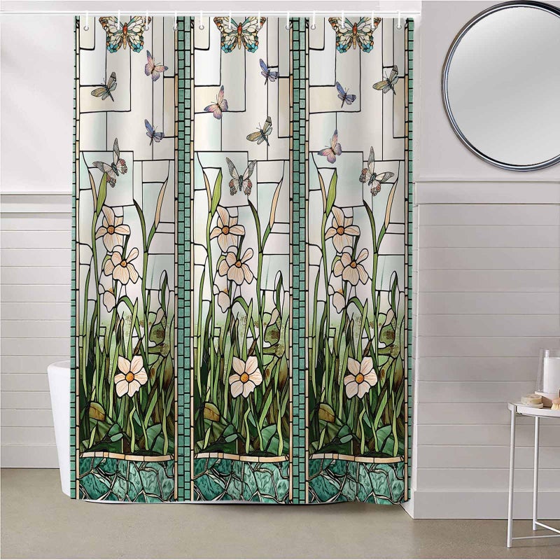 EZON-CH Waterproof Shower Curtain Stained Glass Meadow Flower Dragonfly Print Polyester Fabric Bath Curtain Home Hotel Apartment Bathroom Shower Curtain Long 72x96IN - Image 5